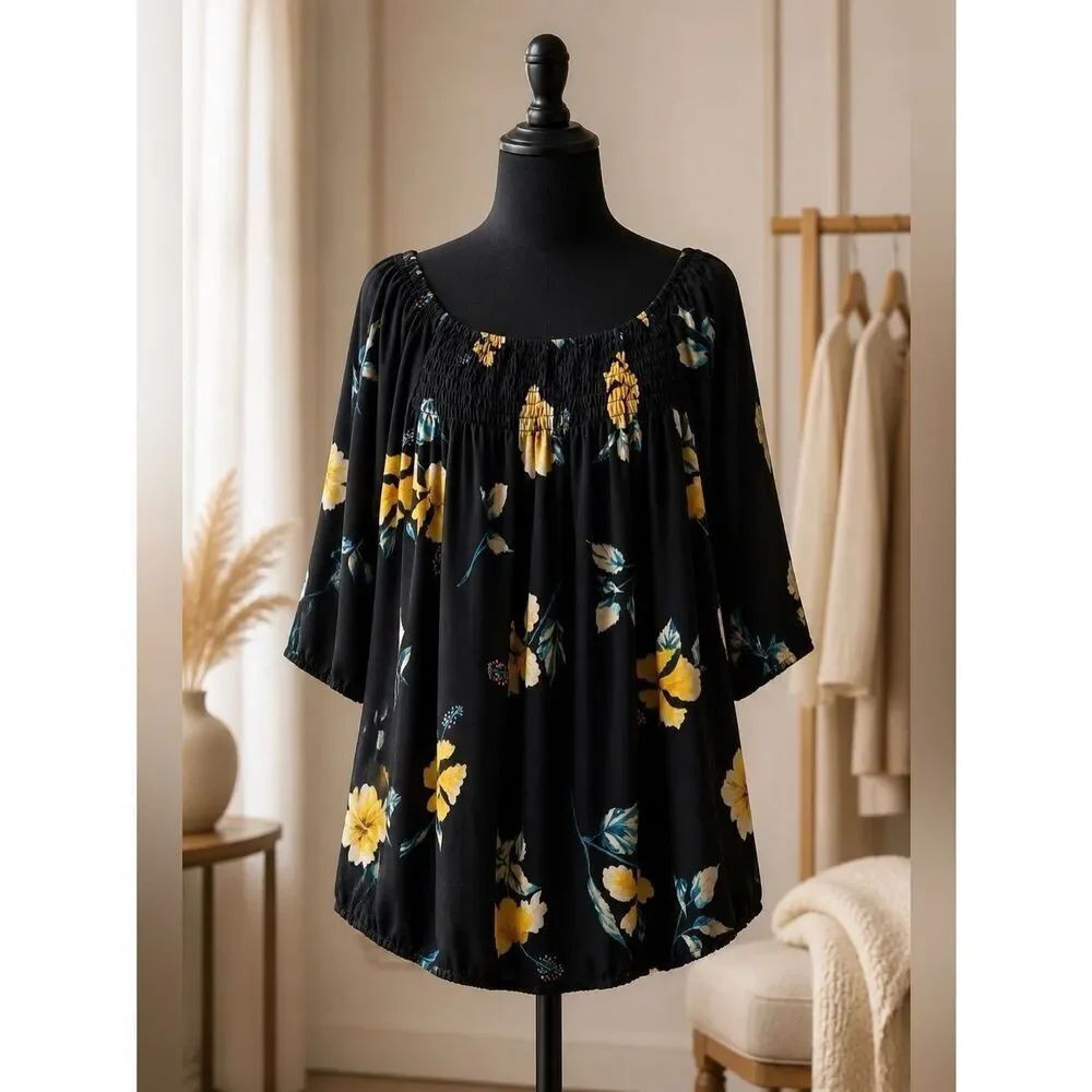 Floral Black and YellowâWomen's Short Sleeve Top Size 2X